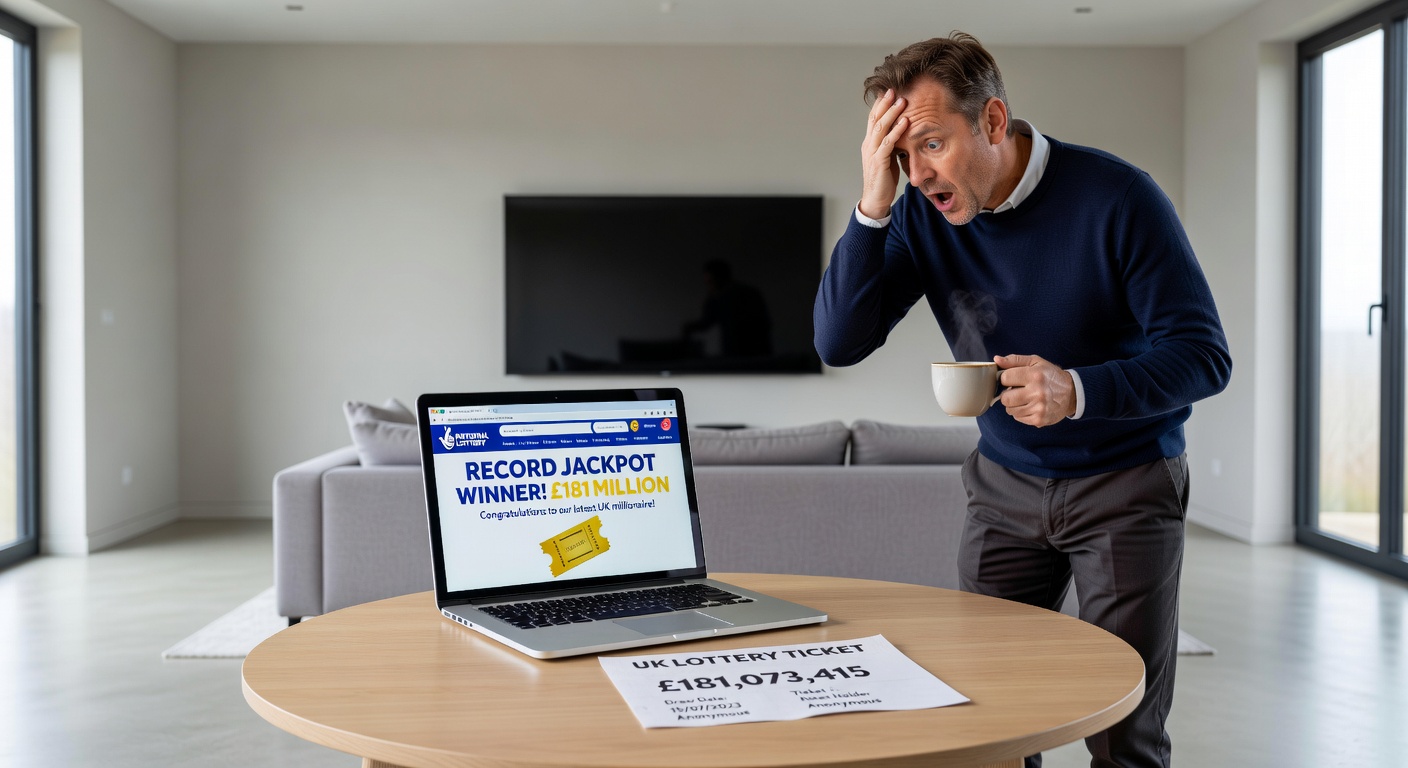Celebratory scene of confetti raining down on a lottery winner's silhouette against a backdrop of EuroMillions balls and UK flags, capturing the excitement of the 2026 record jackpot