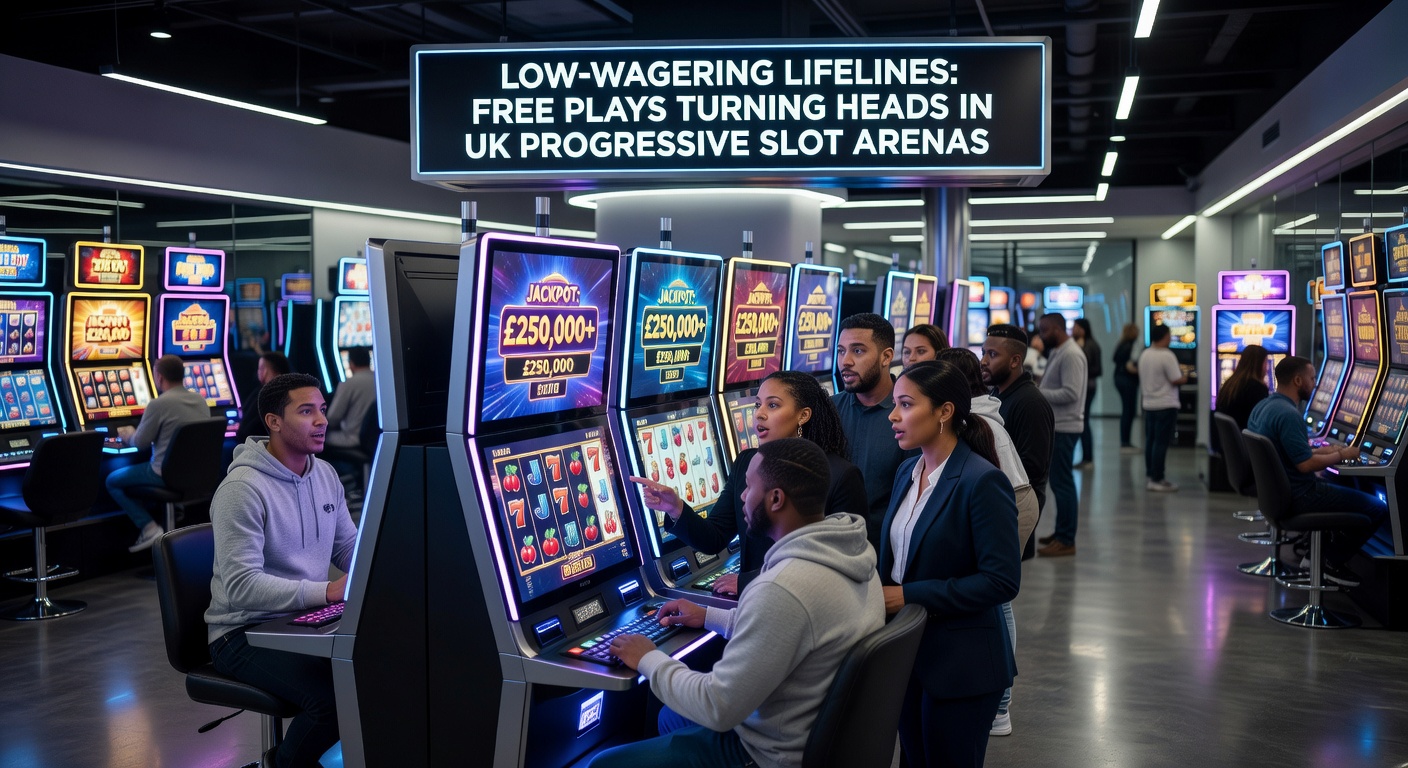 Vibrant progressive slot reels spinning with low-wagering free play icons overlayed, highlighting jackpot meters climbing in a UK casino interface