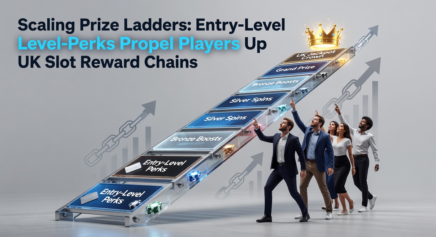 Visual representation of a glowing prize ladder in a vibrant UK slot game interface, with entry-level bonuses lighting the first rungs and escalating rewards climbing toward jackpot peaks