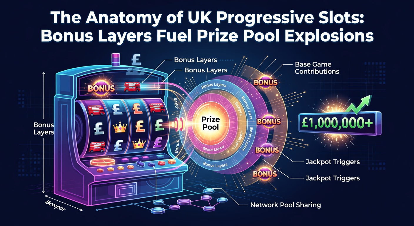 Vibrant progressive slot machine screen displaying escalating jackpot counters and bonus wheel activations, illustrating explosive prize growth in UK online casinos