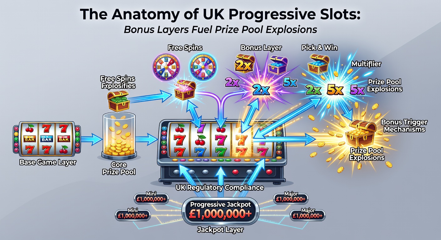 Close-up of a progressive slot bonus round with layered wheels, multipliers, and jackpot meters surging, capturing the dynamic buildup in popular UK titles