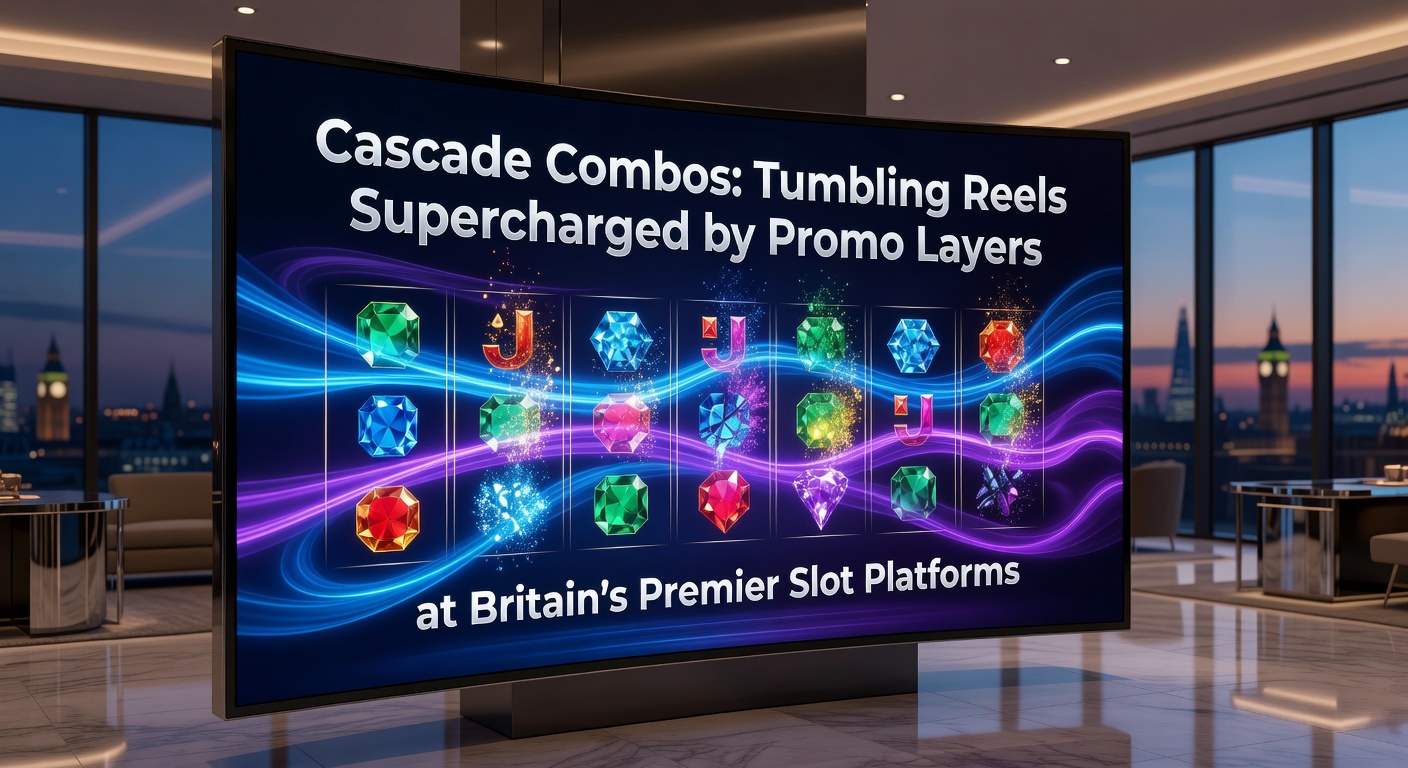Promo banner overlay on a tumbling reel slot, showing free spins and multiplier boosts activating during a cascade combo sequence