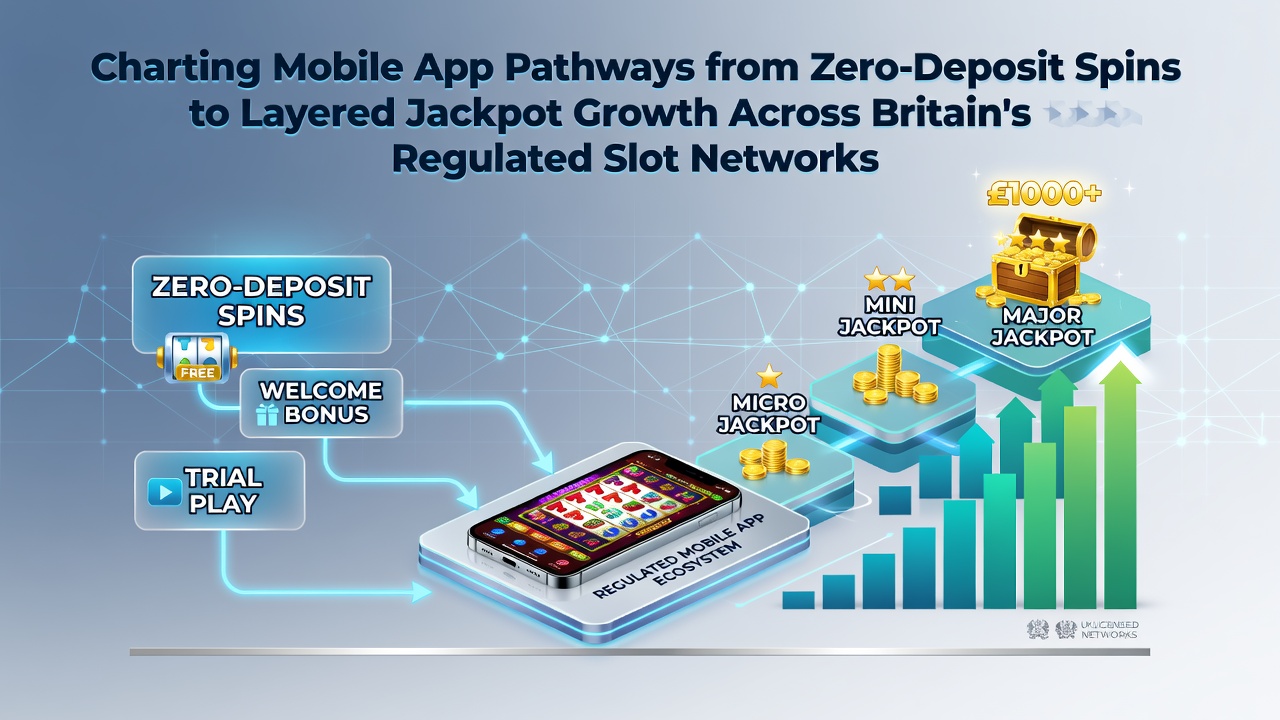 Mobile app interface showing zero-deposit spin options leading into progressive jackpot structures on regulated British slot networks