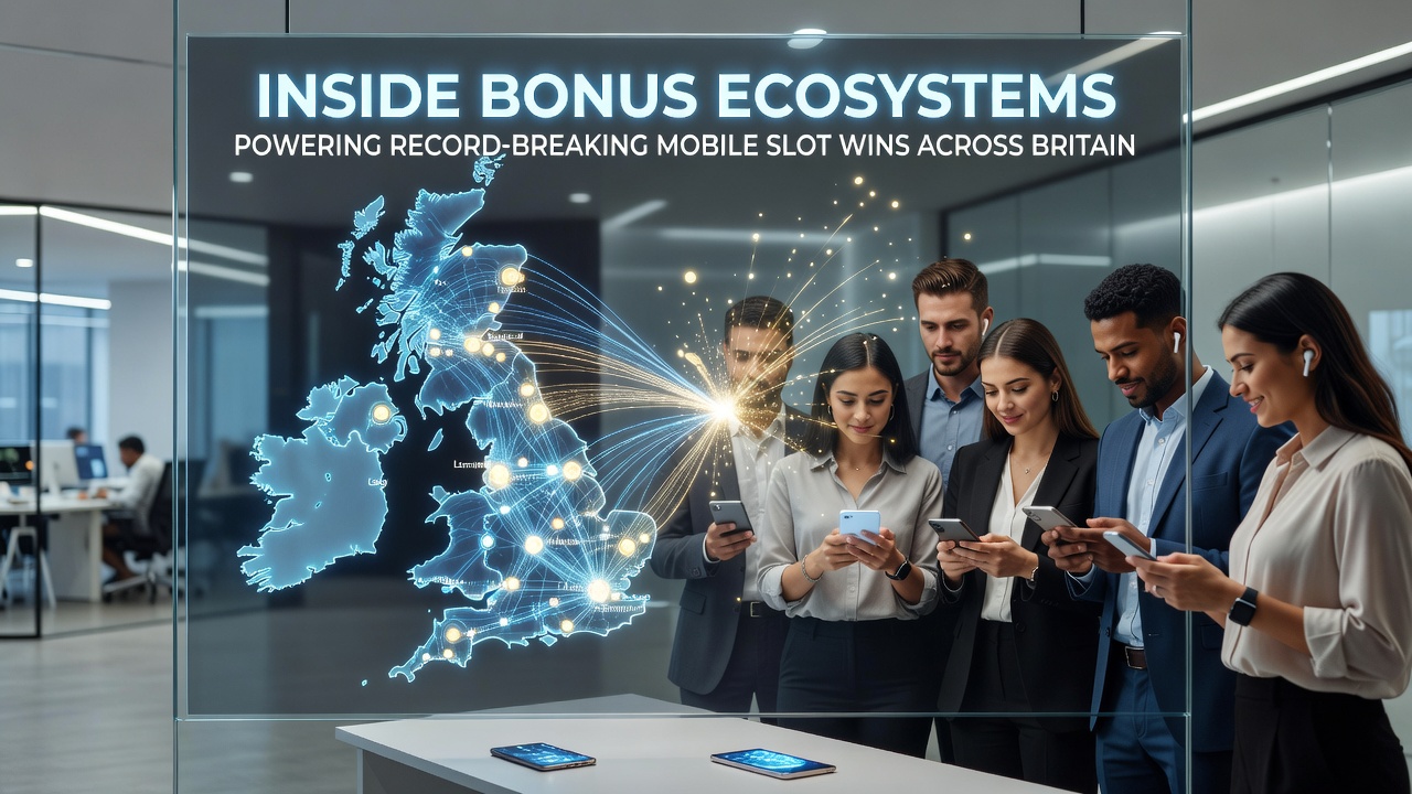 Illustration of interconnected bonus systems and mobile slot interfaces across British gaming platforms