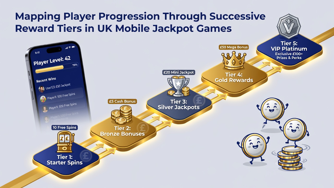 Diagram mapping successive reward tiers with examples of jackpot growth and player milestones in UK mobile games