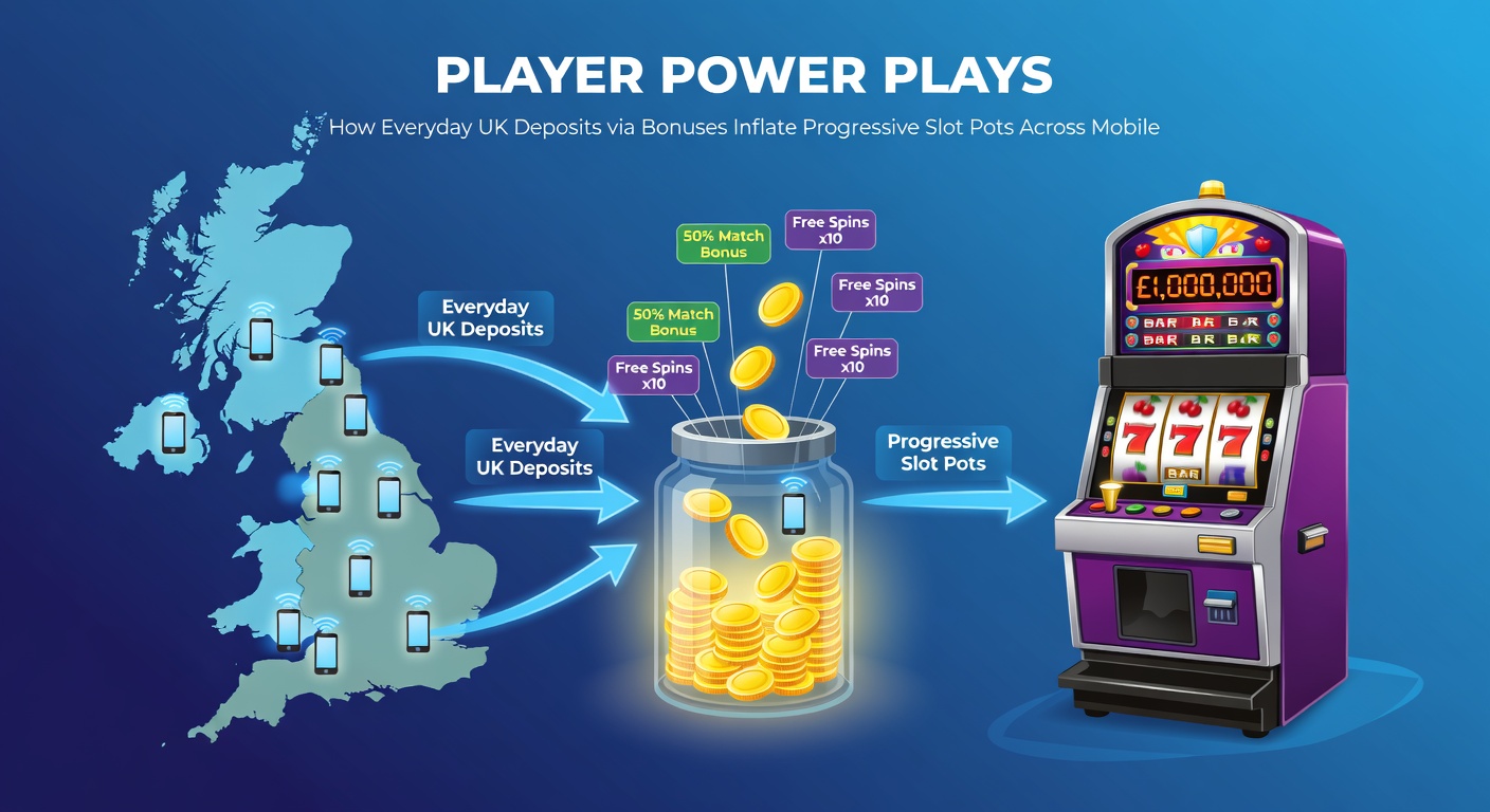 Graph showing progressive jackpot growth curves overlaid with UK mobile deposit bonus spikes, highlighting network-wide pot inflation from everyday player activity
