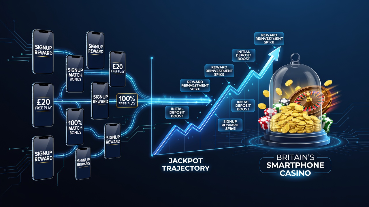 Graph overlay on smartphone screen showing upward jackpot trajectory linked to bonus redemption timeline