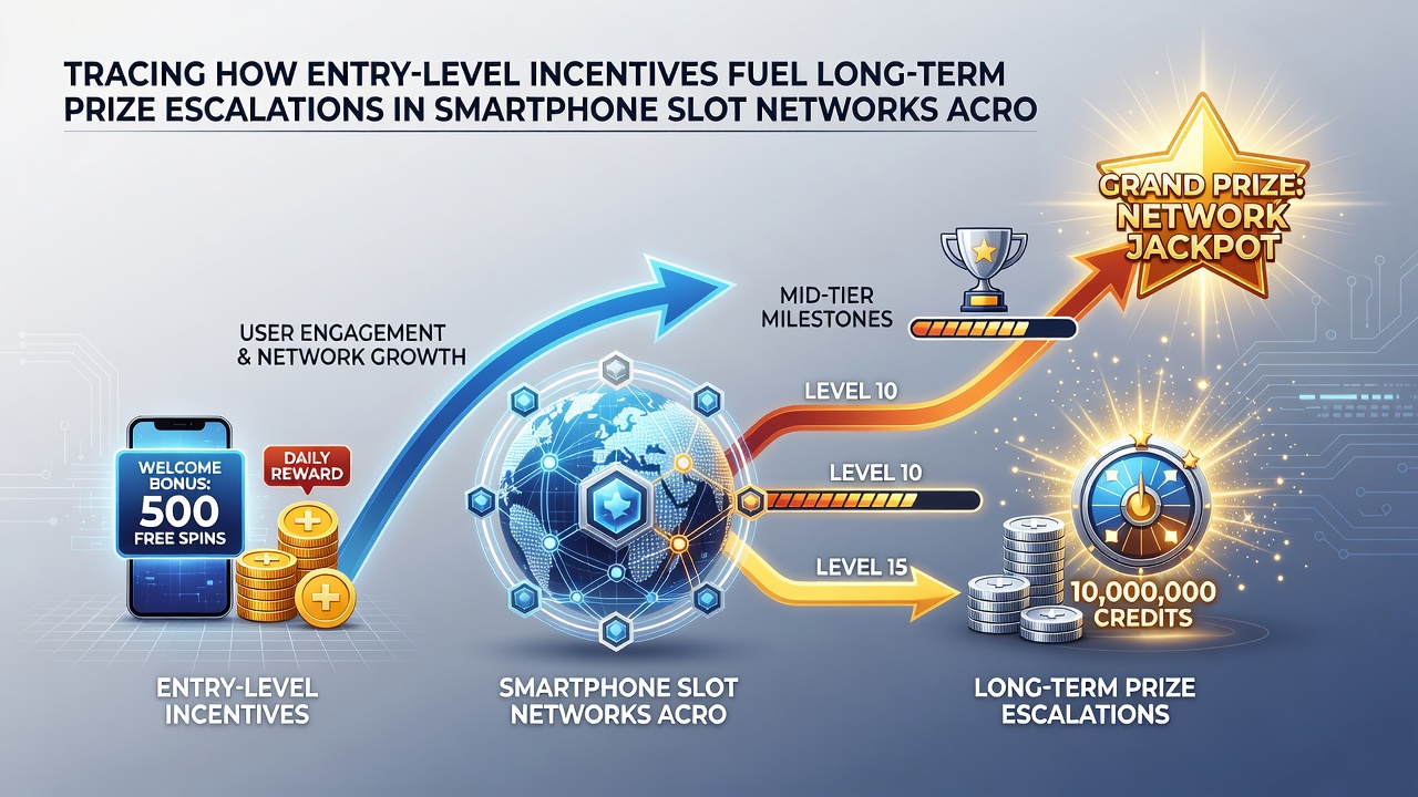 Network diagram showing connections between mobile users, bonus offers, and growing jackpot pools