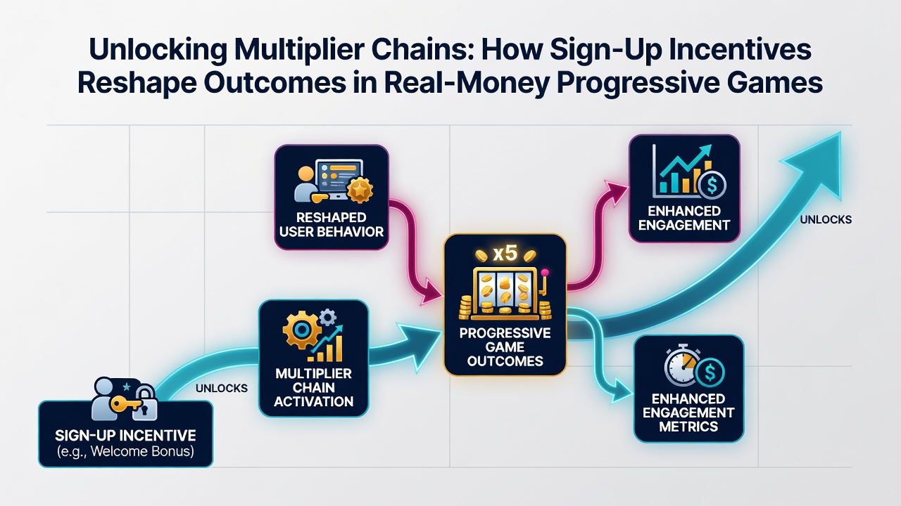 Infographic showing multiplier chain progression from sign-up bonus through progressive jackpot stages