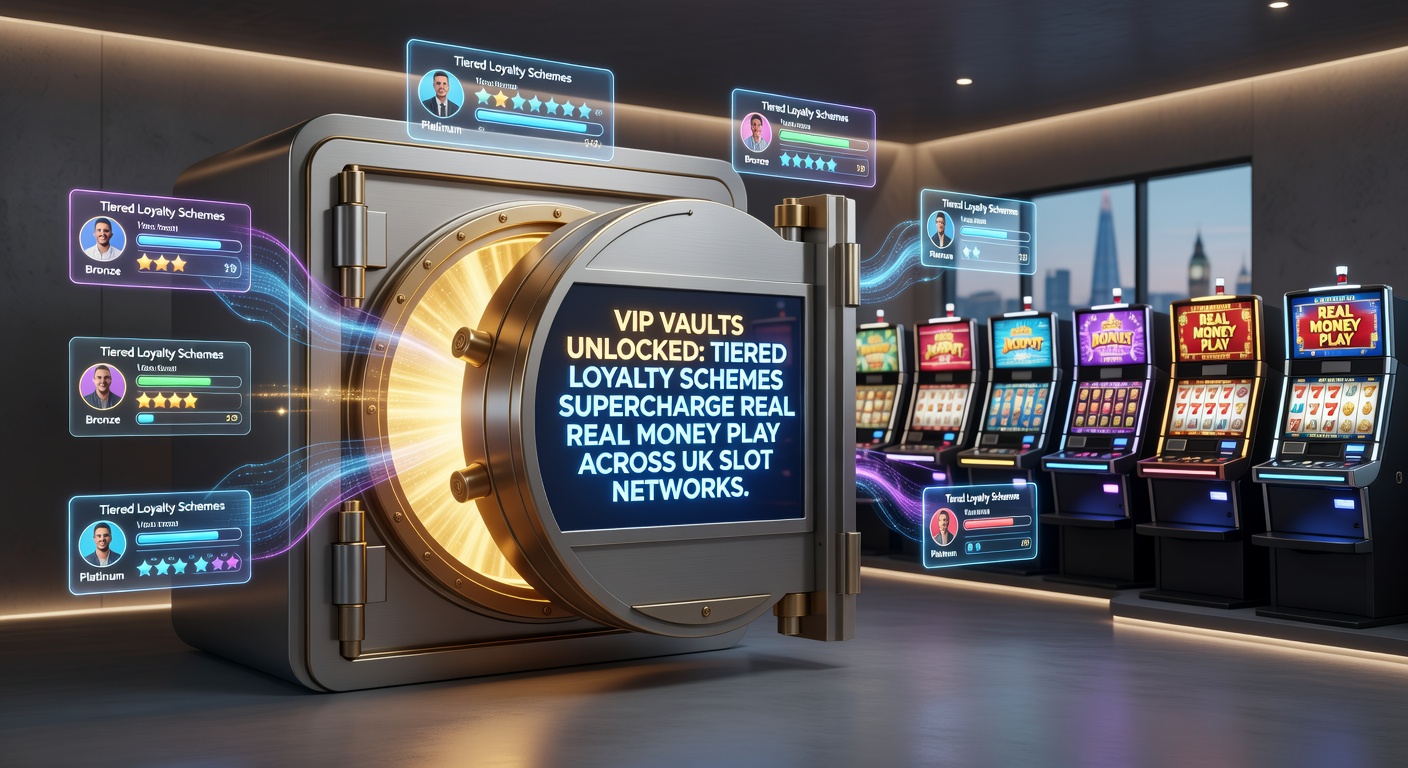 Vibrant digital vault overflowing with golden slot machine symbols and tier badges, representing unlocked VIP rewards in UK networks